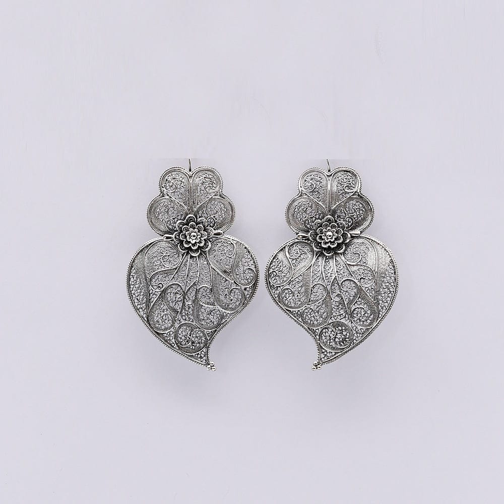 Coração de Viana I Silver Filigree Earrings - 2.6"