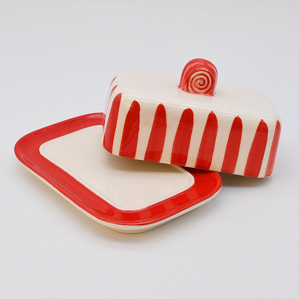 Costa Nova Mar I Striped Ceramic Butter Dish - Red