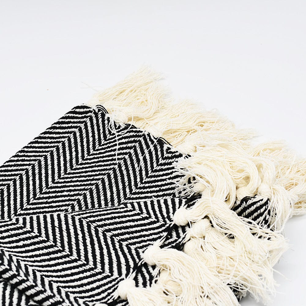 Herringbone I Cotton Fringed Blanket - Black