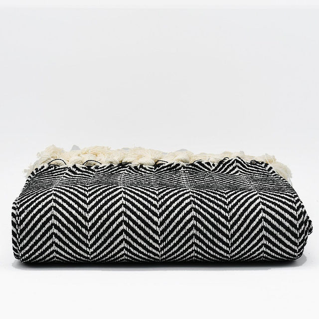 Herringbone I Cotton Fringed Blanket - Black