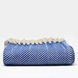 Herringbone I Cotton Fringed Blanket - Blue