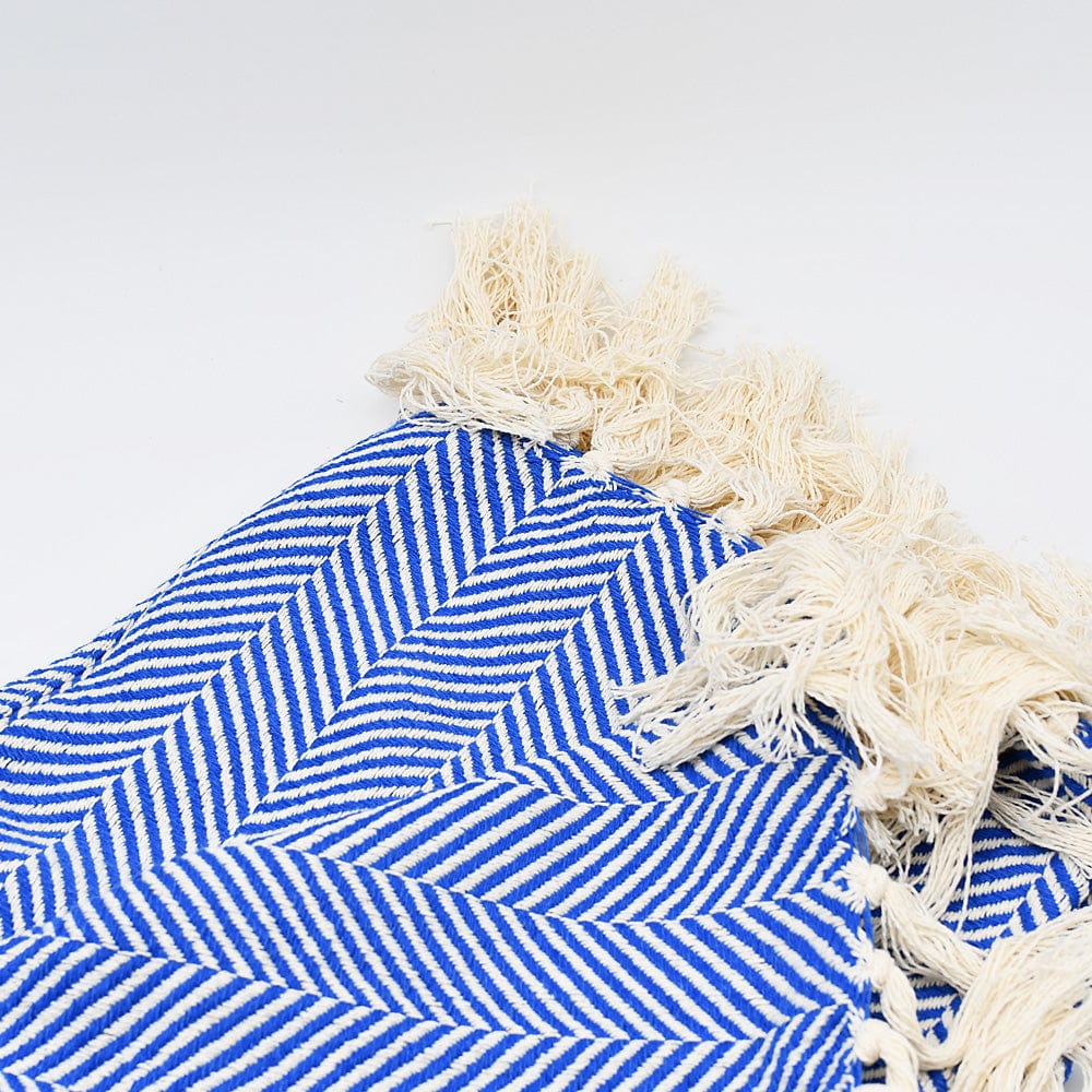 Herringbone I Cotton Fringed Blanket - Blue