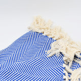 Herringbone I Cotton Fringed Blanket - Blue