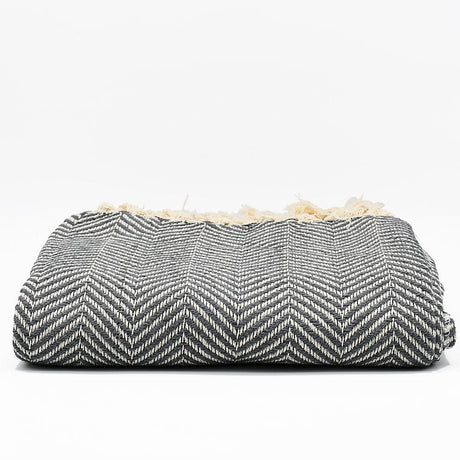 Herringbone I Cotton Fringed Blanket - Grey