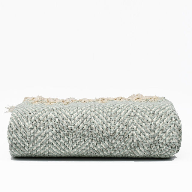 Herringbone I Cotton Fringed Blanket - Light Green