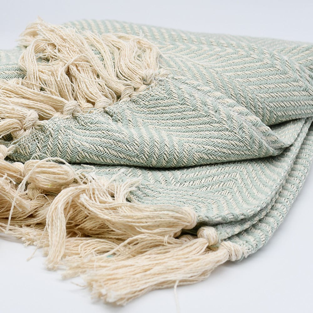 Herringbone I Cotton Fringed Blanket - Light Green