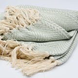 Herringbone I Cotton Fringed Blanket - Light Green