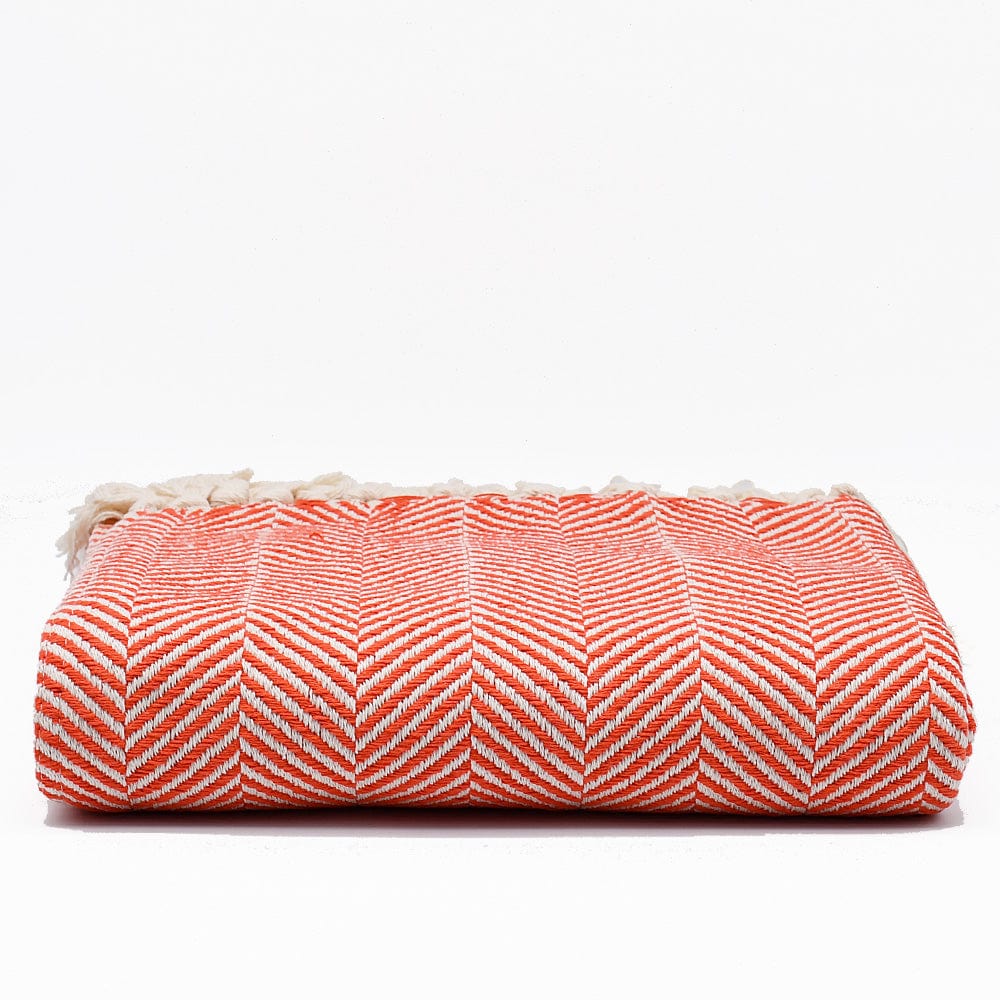 Herringbone I Cotton Fringed Blanket - Orange