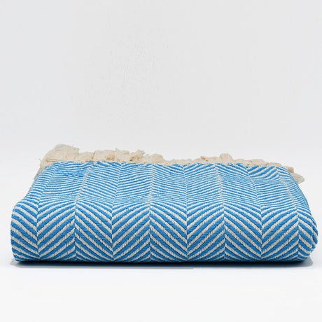 Herringbone I Cotton Fringed Blanket - Turquoise