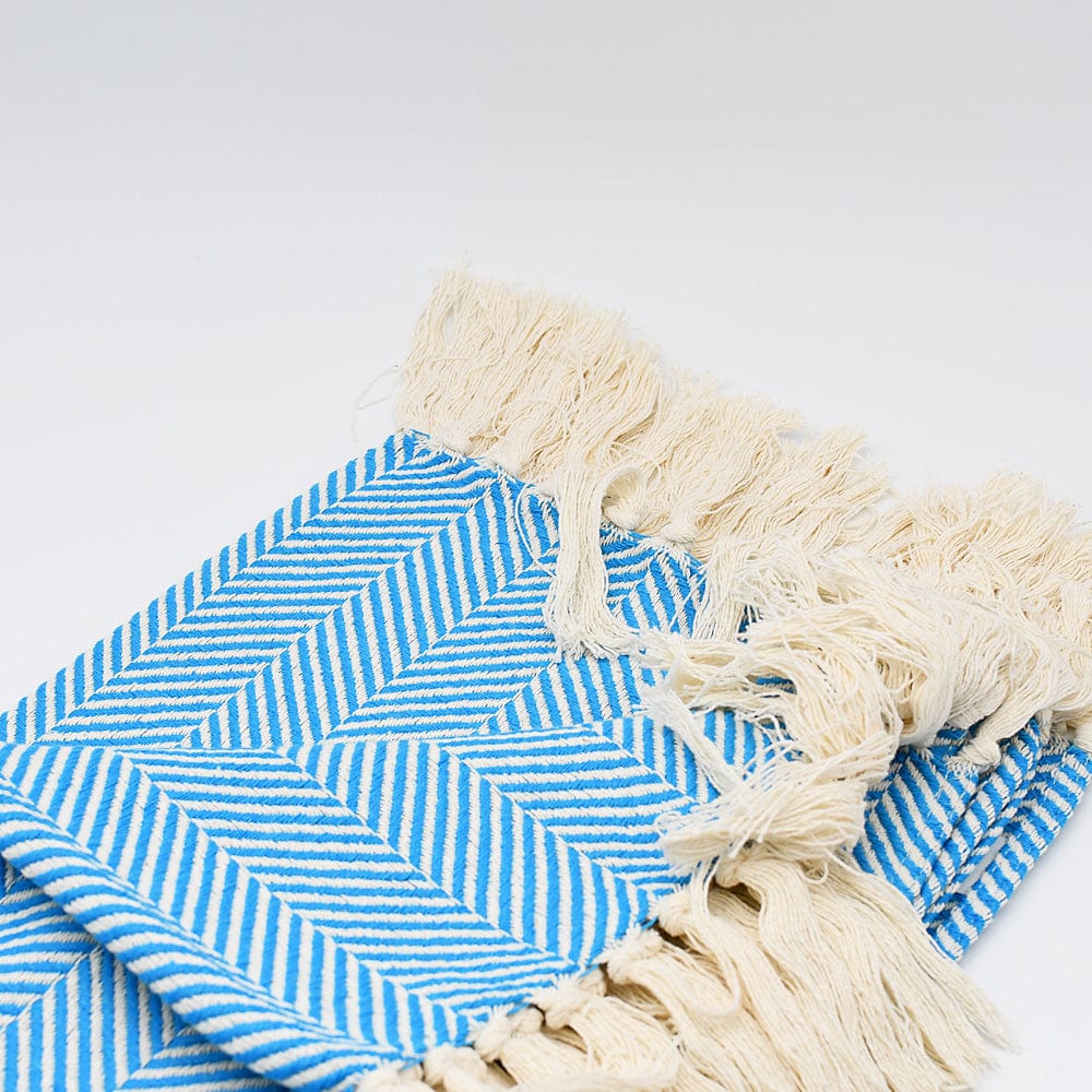 Herringbone I Cotton Fringed Blanket - Turquoise