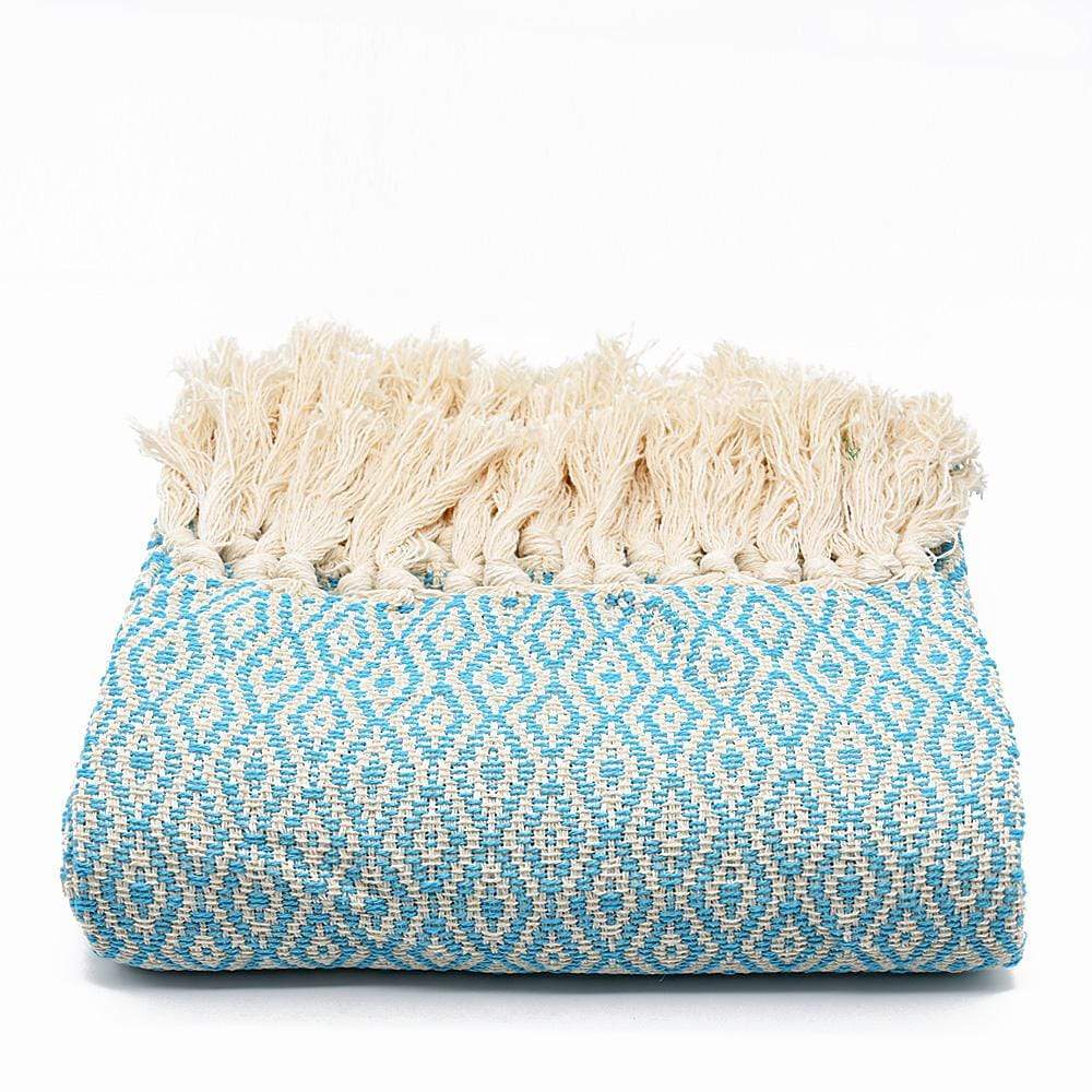 Losango I Cotton Fringed Blanket - Turquoise