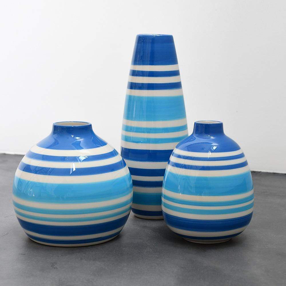 Set of 3 Striped Ceramic Vases - Blue