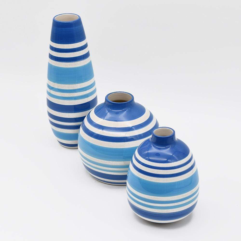 Set of 3 Striped Ceramic Vases - Blue