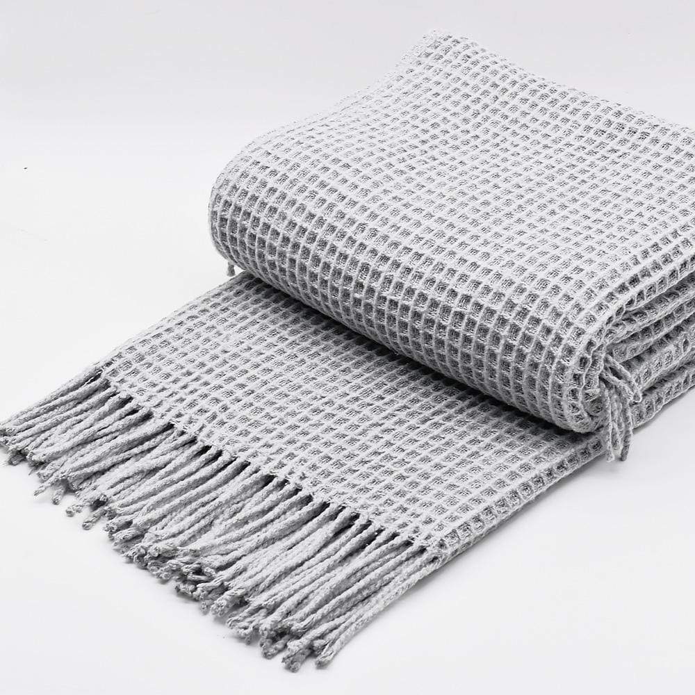 Waffle I Fringed Cotton Blanket - Light Grey